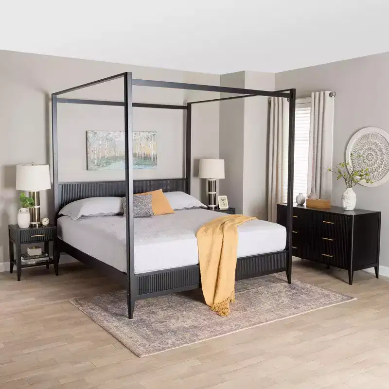 Baxton Studio Primrose Mid-Century Ivory Fluted Wood 4-Piece Canopy Bedroom Set