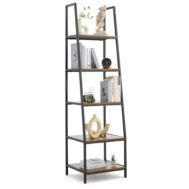 Freestanding Industrial 5 Tier Open Shelf Ladder Bookcase, Gray & Brown