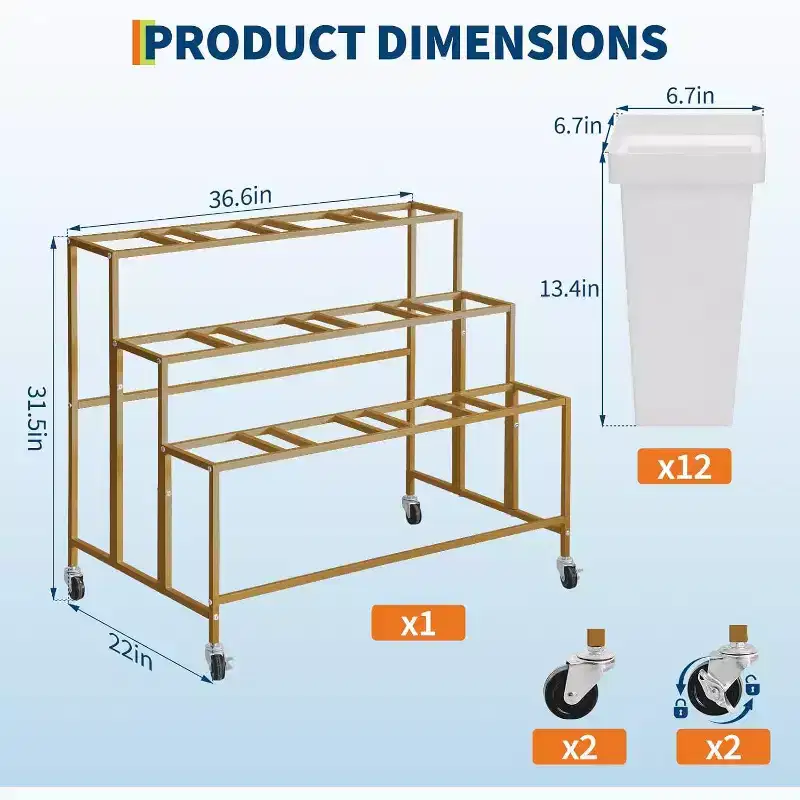 Flower Display Stand with 12 Square Buckets,Metal Flower Cart with Wheels for Patio, Garden, Shop, Indoor and Outdoor