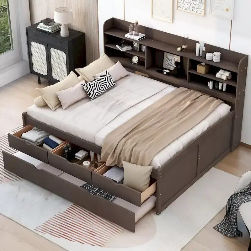 Full Pine Captain Bed with Shelves, Drawers & Trundle