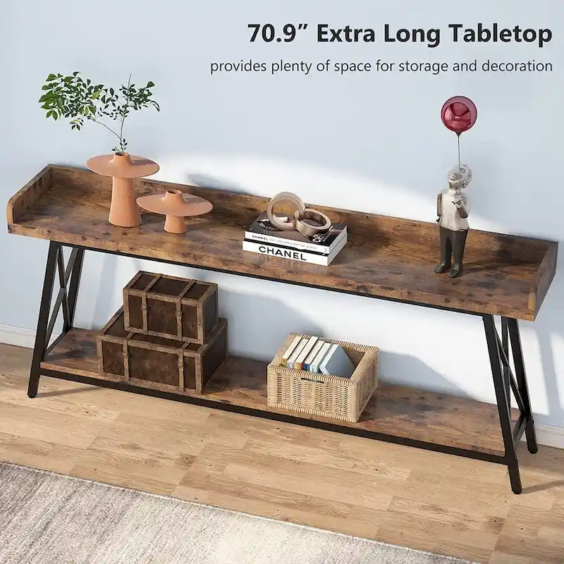 70.9 inch Long Entryway Table, Narrow Sofa Console Table Behind Couch Brown