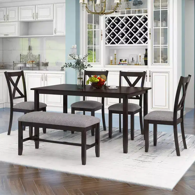 Farmhouse 6 Pieces Dining Set with Bench for 6, Wooden Rectangle Table and 4 Upholstered Chairs