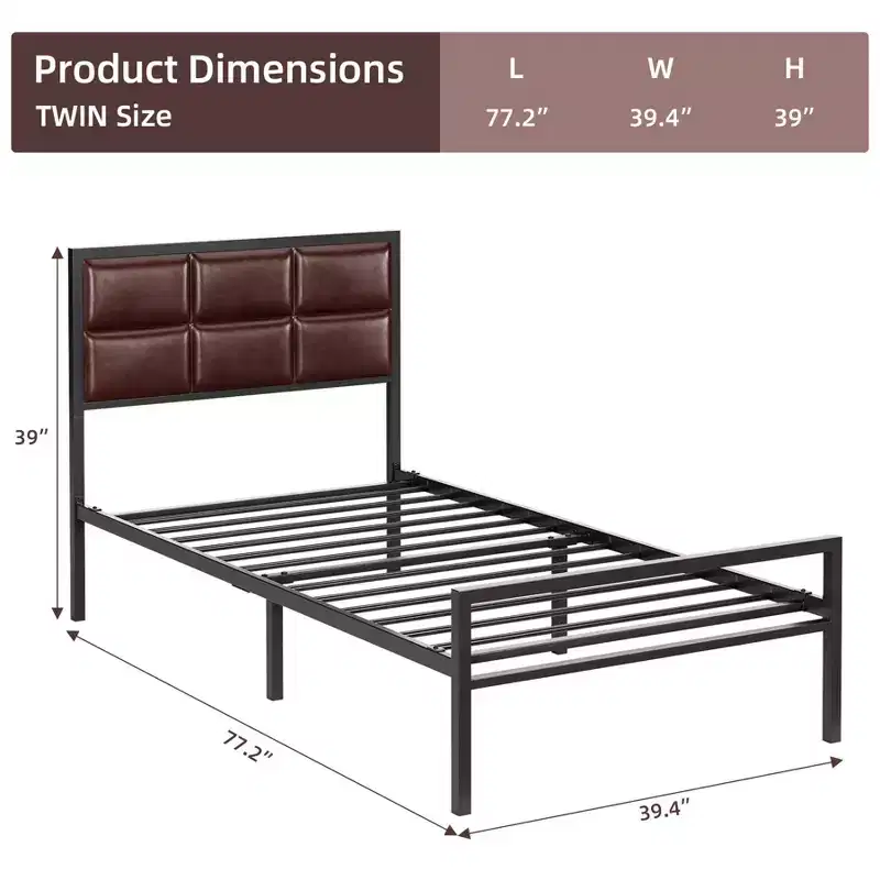 Queen/Full Size Faux Leather Bed Frame, Upholstered Square Headboard Metal Frame