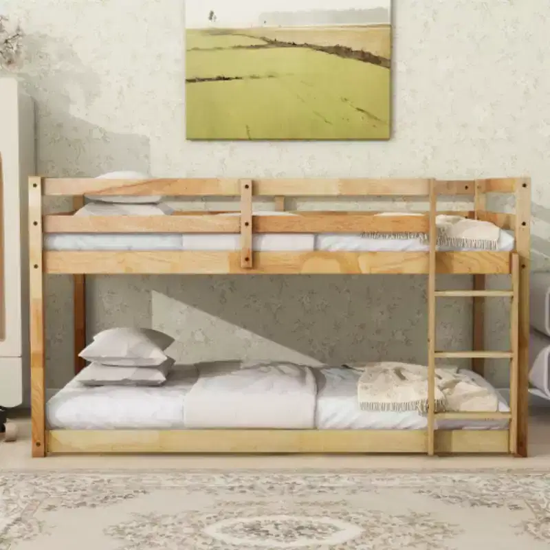 Twin over Twin Bunk Bed with Ladder, Reinforced Slat Platforms for Upper & Lower Beds