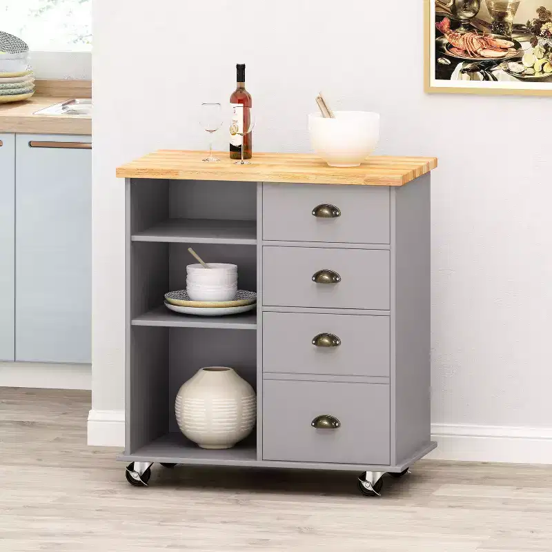 Okak Modrn Kitchen Island Cart with Solid Wood Top & Towel Rack & Wheels,Mobile Storage Cabinet Sideboard for Kitchen,Dining Room