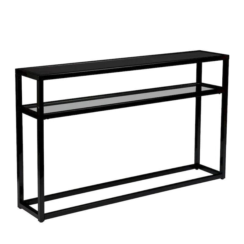 Black Glass Console Table with Metal Frame and Lower Shelf