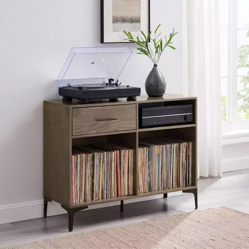 Crosley 40" Sydney Record Storage Media Console Walnut: Vinyl Holder, Media Cabinet with Open Shelves