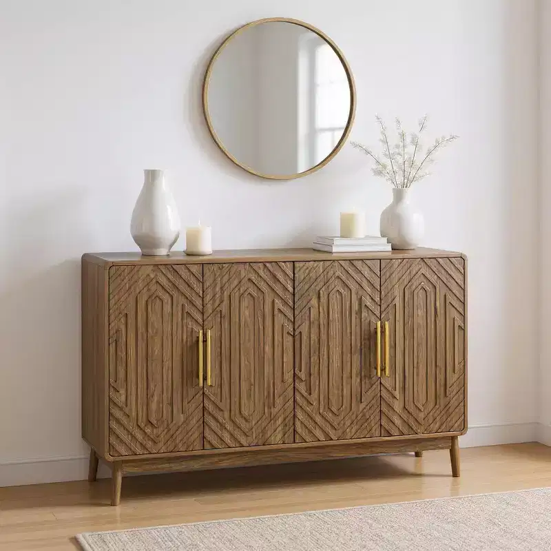 FurnitureR 55 Modern Wood Sideboard Buffet Cabinet with 4 Doors, Geometric Carved Design & Gold Handles for Dining Room, Living Room or Entryway