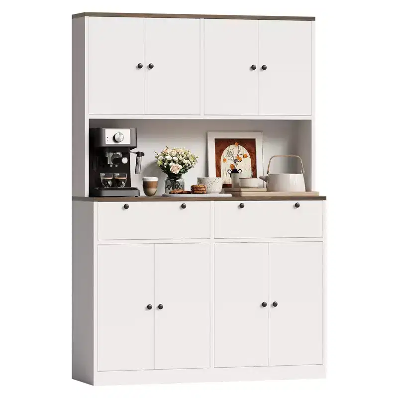 71 Tall Kitchen Pantry Storage Cabinet with Charging Station, 47 Wide Kitchen Hutch with Microwave Stand, Food Pantry Cabinet for Dining Room