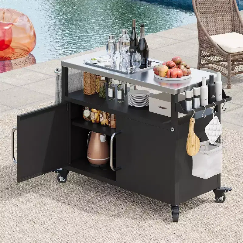 JVNOXK 54.5-inch outdoor kitchen island with stainless steel countertop, metal grill cart table, and 4 lockable wheels, ideal for outdoor barbecuing