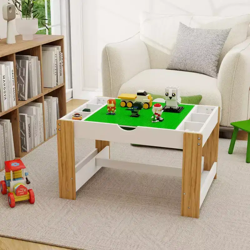 Kids 2-in-1 Activity Play Table with 7 Storage Compartments - LEGO Compatible Building Block & Whiteboard Table, White & Green