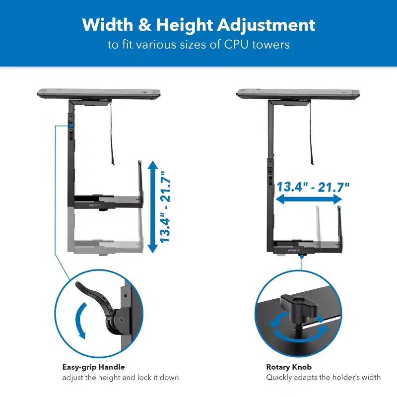 Heavy Duty Deluxe Under Desk CPU Mount with Sliding Tracks, Height Adjustable, 33 Lbs Capacity, Black