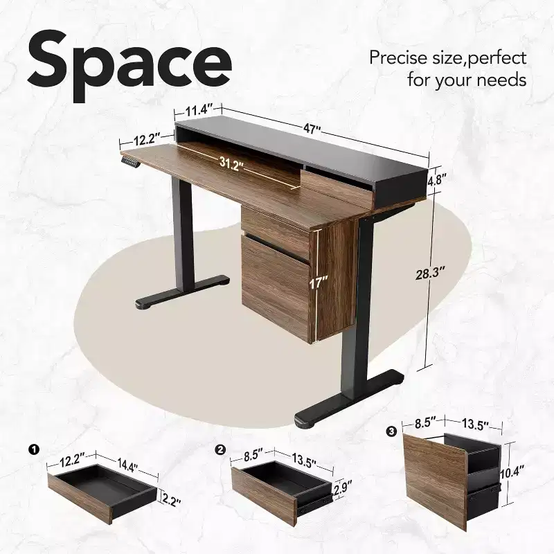47 Inch Electric Height Adjustable Standing Desk with Drawers and Monitor Stand
