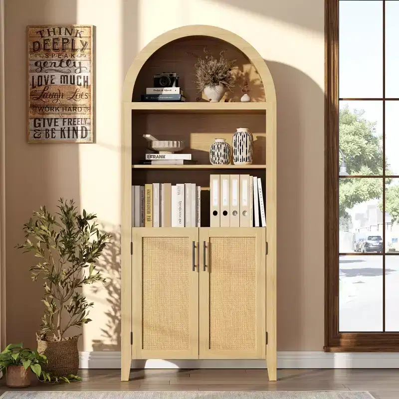 Arched Bookcase with Doors,5 Tier Open Display Shelf with Rattan Decor,Modern Farmhouse Storage Cupboard Cabinet for Home Office