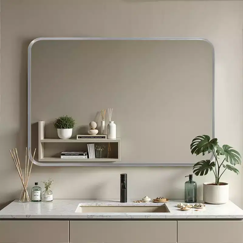50x32 Rectangle Bathroom Mirror with Aluminum Alloy Frame, Wall Mounted Vanity Mirror for Bedroom Living Room Entryway, Silver