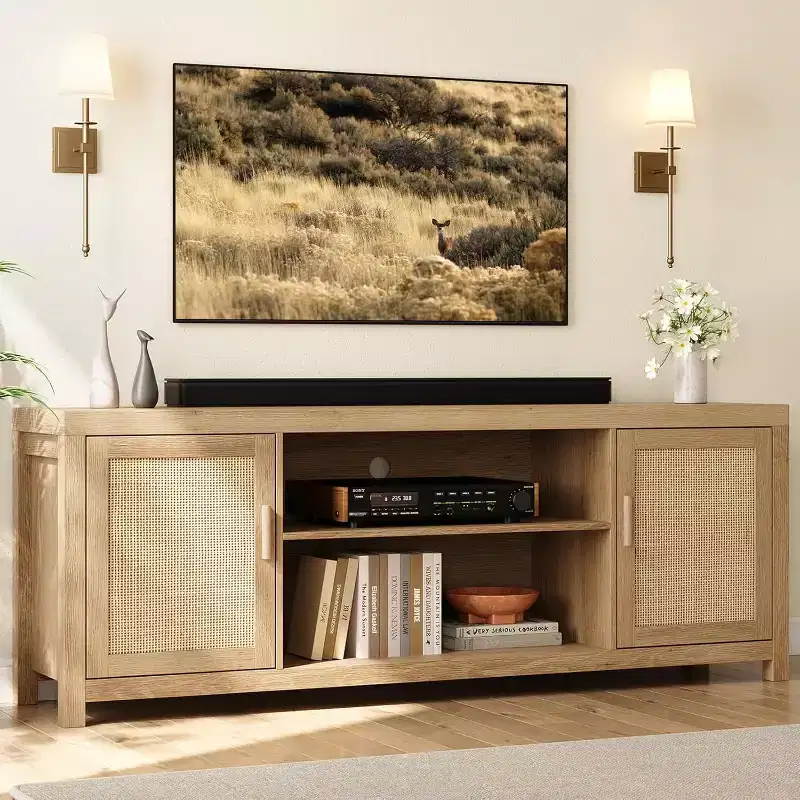 75 Rattan & Oak Boho TV Stand  2-Tier Entertainment Center with Adjustable Shelves, Media Cabinet for Living Room/Bedroom