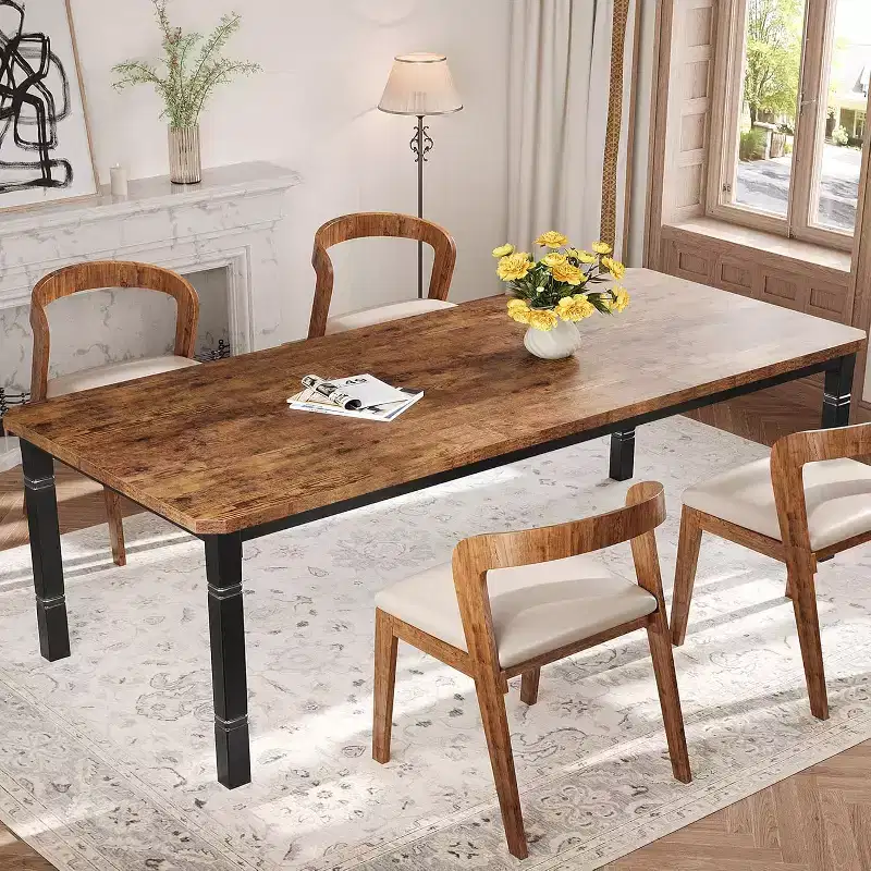 Industrial Long Dining Table for 6-8, Wooden Rectangle Kitchen Table with Heavy Duty Metal Frame Modern Farmhouse Style for Dining Room Kitchen
