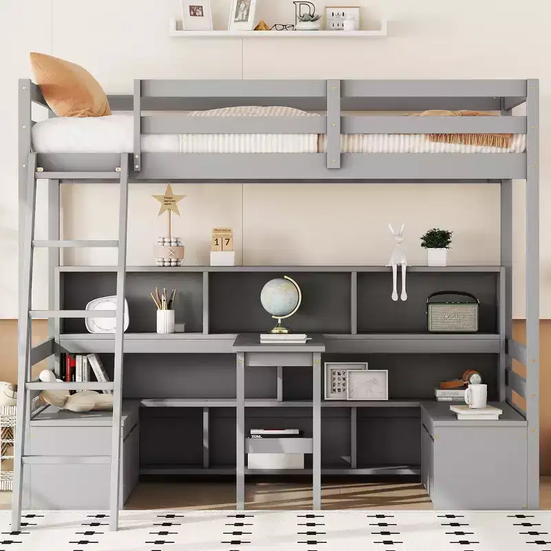 Okak 79.53IN Twin Size Loft Bed with Desk, Bed Frames with Storage Shelves, Seats and Drawers, Twin Loft Bed for Bedroom, Kids Room