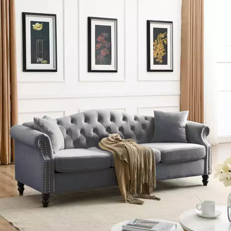 79 Chesterfield Sofa Grey Velvet for Living Room, 3 Seater Sofa Tufted Couch with Rolled Arms and Nailhead for Living Room