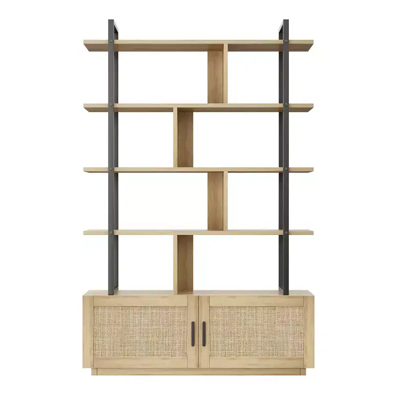 1 Set Particle Board and Metal Layered Rattan Woven Bookshelf with Storage Shelf