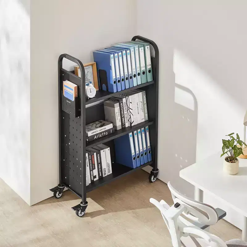 Rolling Library Book Cart with V-Shaped 3-Tier Shelves, 330 lbs Capacity & Lockable Wheels