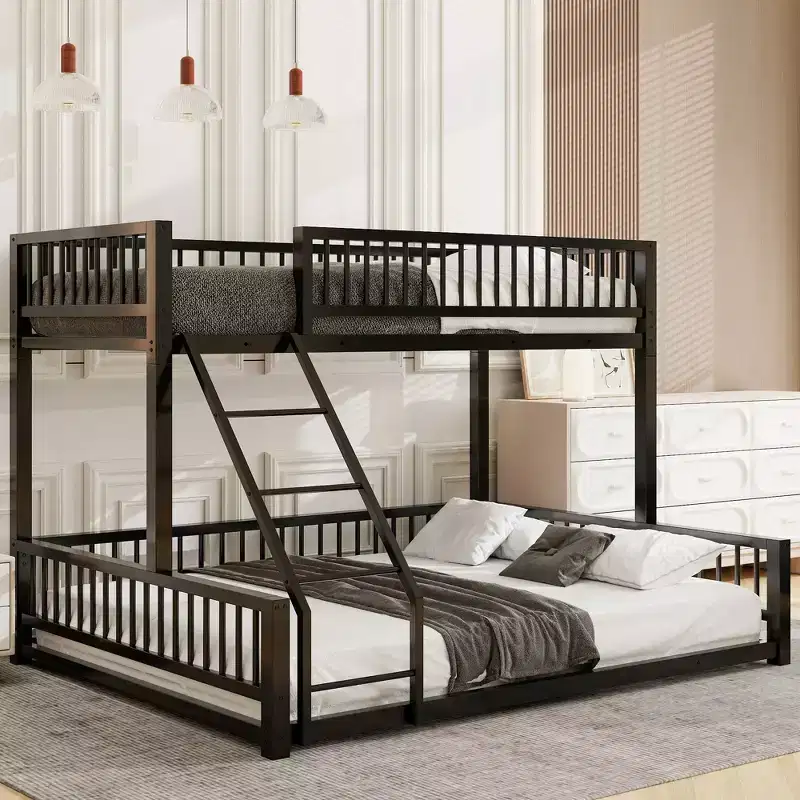 Metal Twin XL Over Queen Bunk Bed, Floor Bunk Bed Frame with Ladder and Safety Guardrails, Can be Converted Into Two Bed