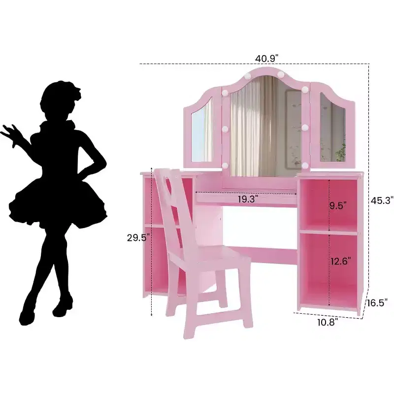 2-in-1 Girls Vanity Table and Chair, Tri-Folding Mirror, Large Storage, Touch Mirror, Easy Assembly, for Kids Bedroom, Pink and White