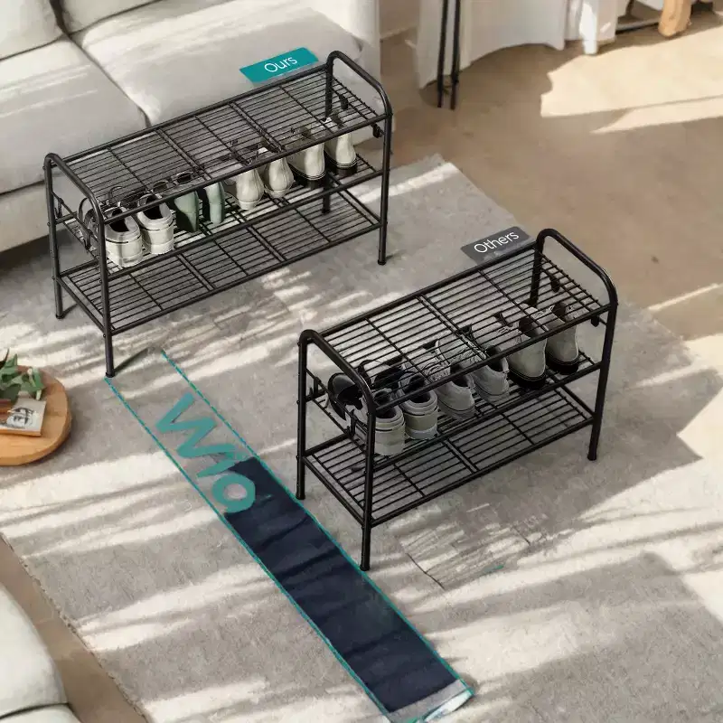 3-Tier Metal Shoe Rack with 4 Side Hooks, Height-Adjustable, 11D x 33.5W x 20.8H