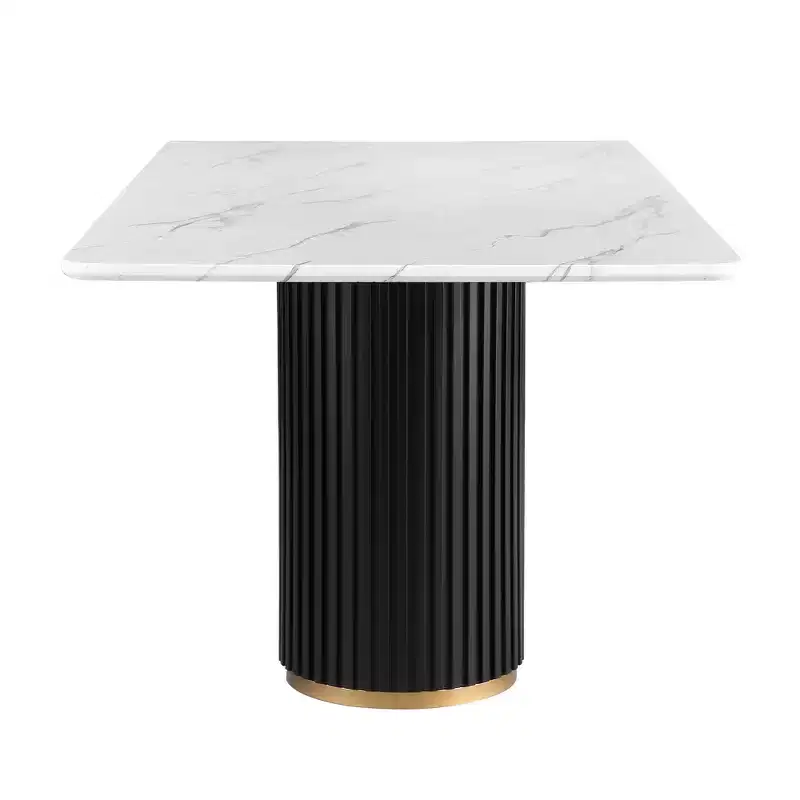 Luxury Faux Marble Top Column Base Dining Table Rectangular Metal Frame in White for Kitchen Seats of 6 - Morden Fort