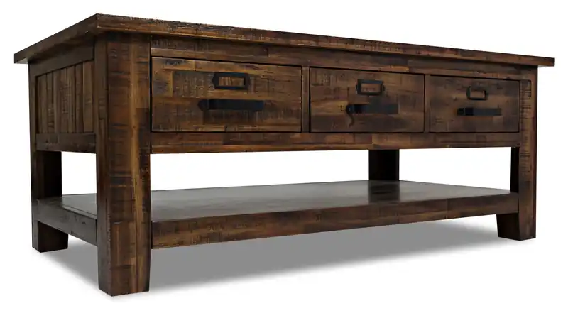 48 Rustic Coffee Table with Storage, Shelf and Casters - Brown Wood