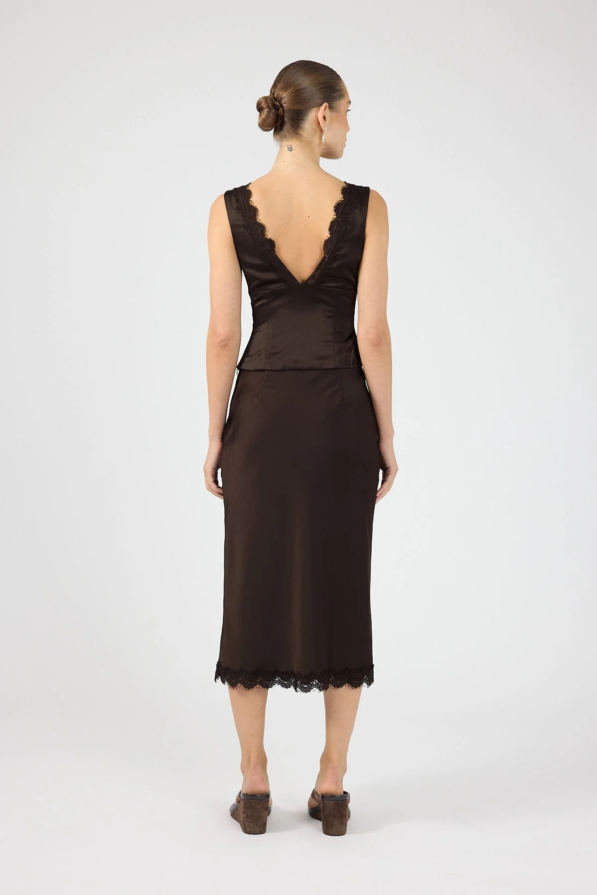 Satin Lace Midi Skirt Brown