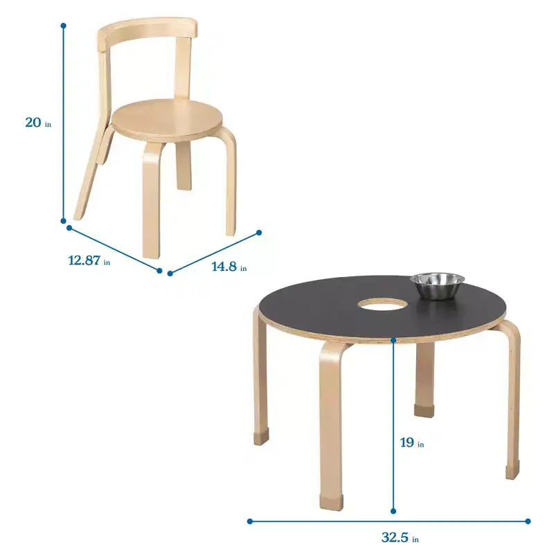 ECR4Kids Round Bentwood Chalkboard Table and Curved Back Chair Set, Kids Furniture, Natural, 5-Piece