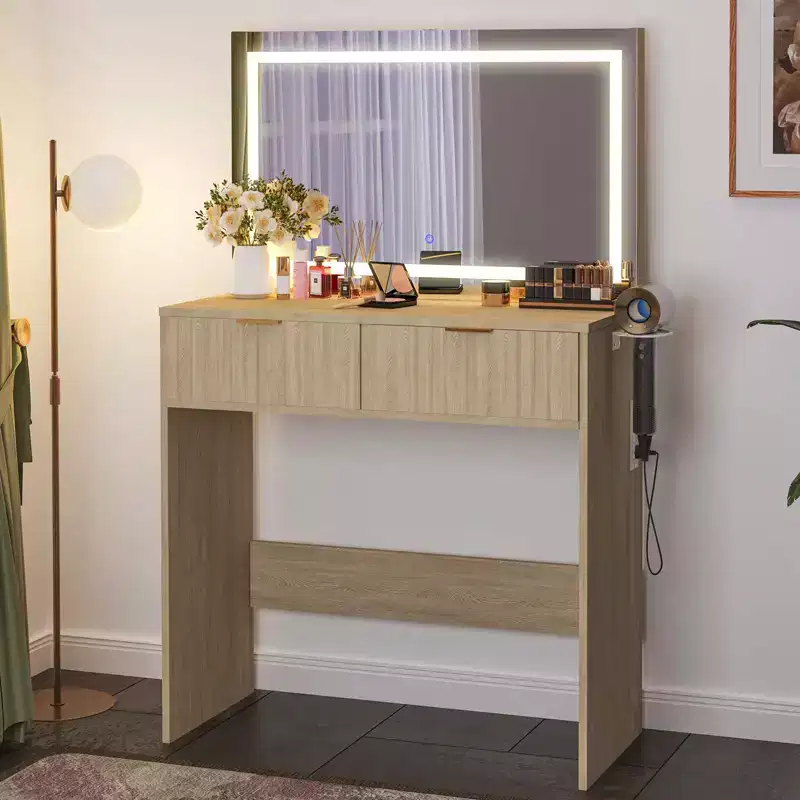 Vanity Desk w/Mirror and Lights, Small Makeup Vanity with 2 Drawers & Power Outlet, 3 Lighting Modes Adjustable Brightness for Bedroom