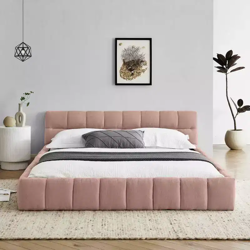 MAYEERTY Queen Size Upholstered Bed Frame with Thick Fabric with Headboard Solid Frame for Bedroom Pink