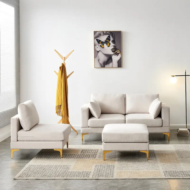 Christopher Knight Home - Beige L-Shape Sectional Sofa with Gold Metal Legs and Ottoman