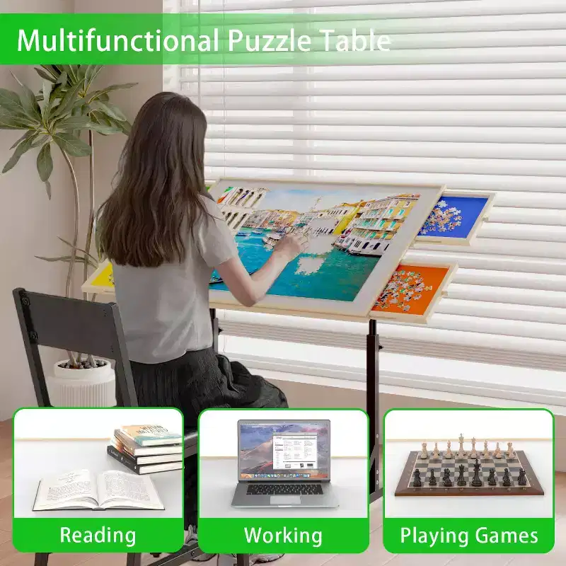 JVNOXK Wooden Puzzle Table with Drawers, Adjustable Puzzle Table, 360 Tilting Puzzle Table with Legs and Wheels, Height and Angle Adjustable