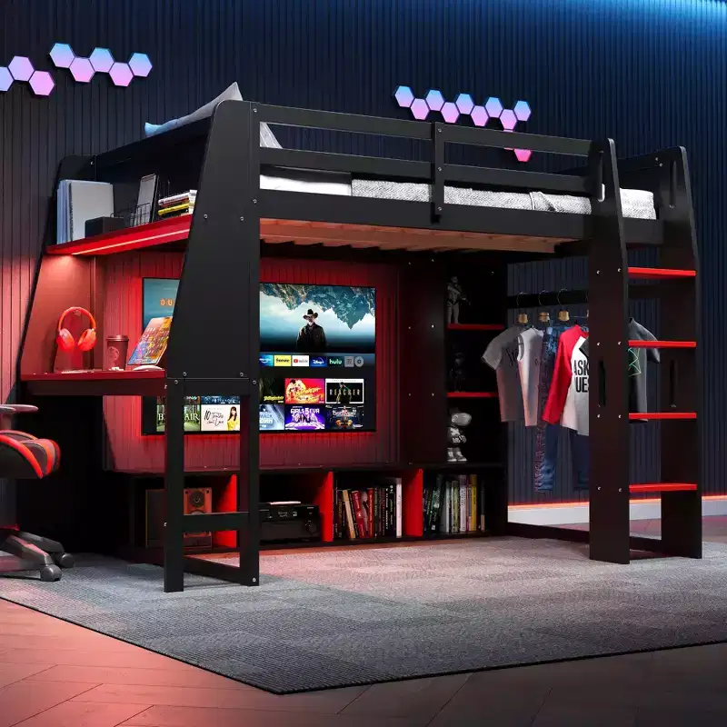Twin/Full Size Gaming Loft Bed with Desk, LED Lights, Multi-Storage Shelves & Hanging Clothes Rack, Space-Saving Wooden Bed Frame