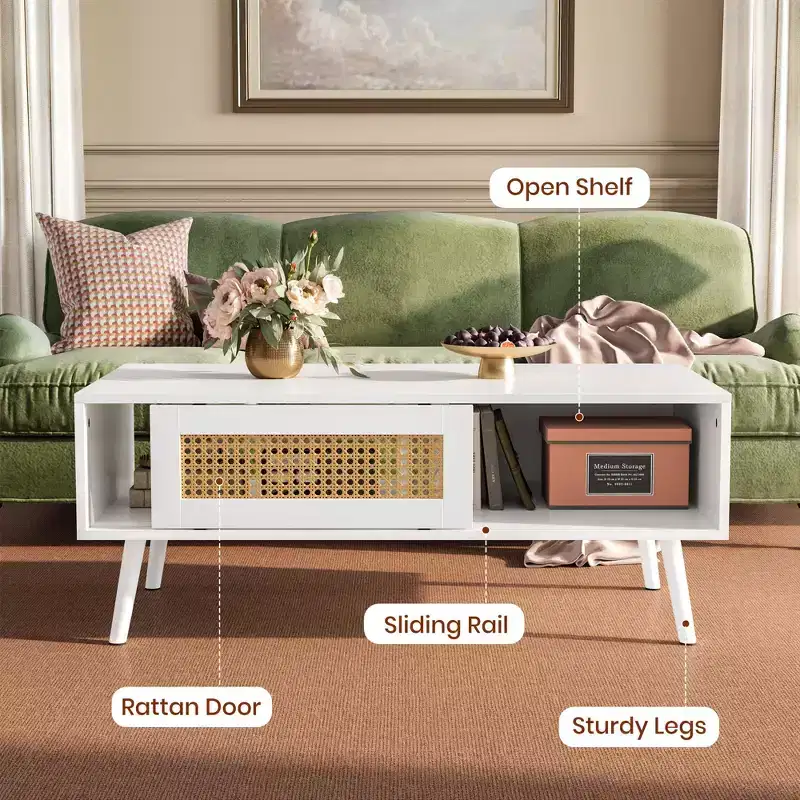 Living Room Table Sets of 2, Includes 47 Rattan TV Stand Storage Cabinet for 55 TV, Farmhouse Coffee Table with Storage Shelf for Bedroom