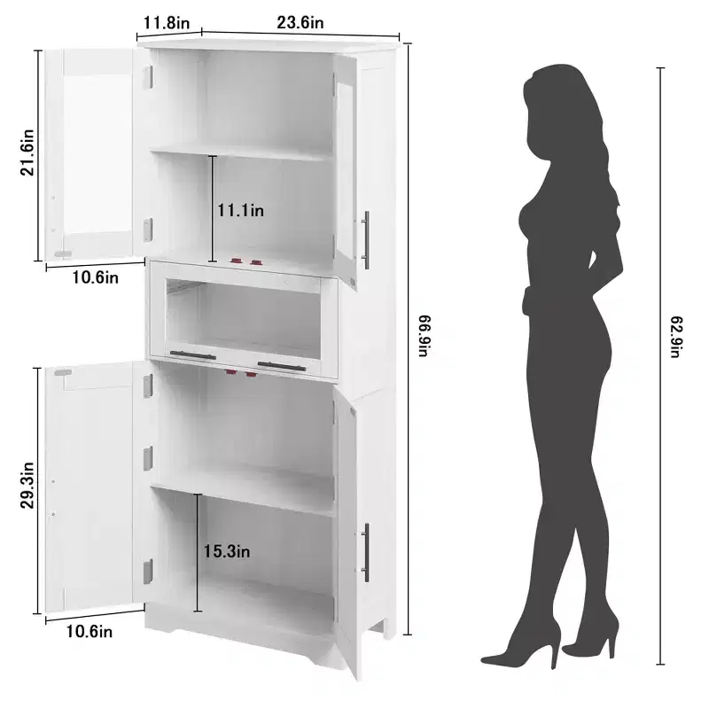 GustoWave Tall Bathroom Storage Cabinet with Glass Doors and Adjustable Shelf, Pantry Cabinet, Freestanding Cupboard Tall Cabinets for Laundry Room