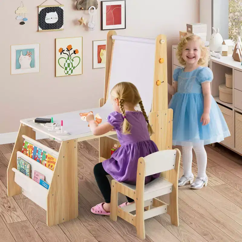 Costway Kids Art Table and Chair Set with Easel & Chair Whiteboard & Chalkboard Paper Roll