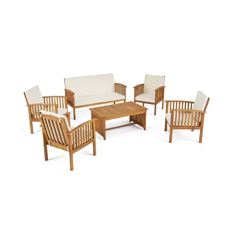 GDFStudio Ivan 6 Piece Outdoor Acacia Wood Chat Set with Slatted Coffee Table and Cushions