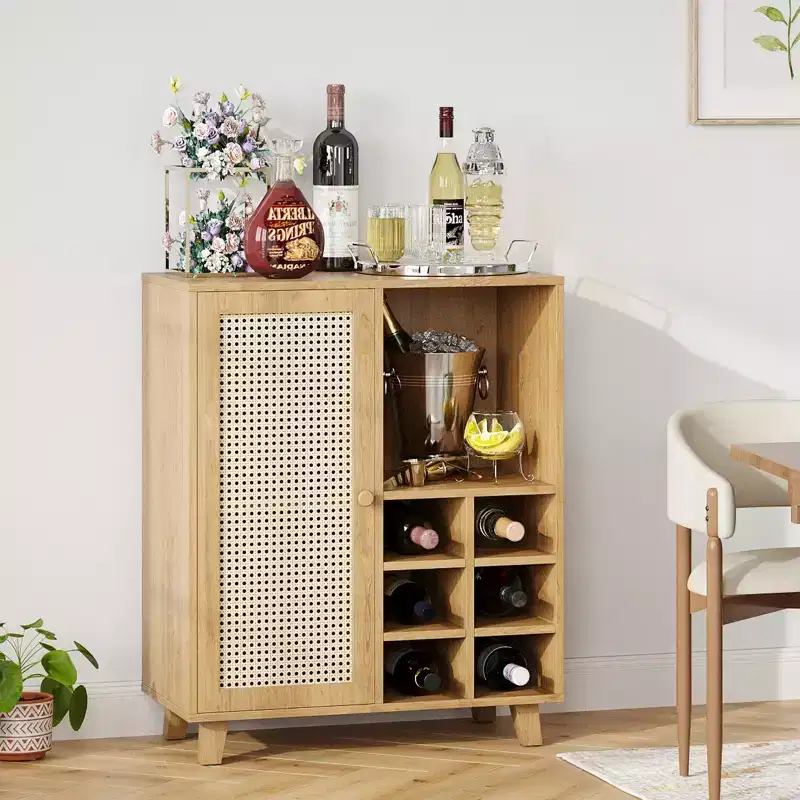 NAYSAYE 47 Bar Rail, Sideboard Cabinet, Storage Bar with Rose Racks Buffet Cabinet for Home Living Room Kitchen Entryway, Beige, 15*27.5*33.8