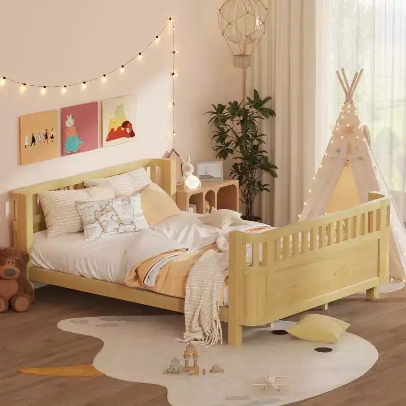 Whisen Queen Size Wood Platform Bed Frame, Wood Low Profile Queen Bed with Rails and Fence Guardrails for Girls and Boys