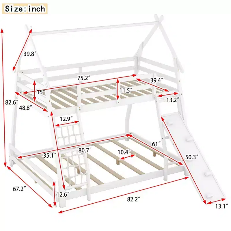 Twin Over Queen House Bunk Bed with Climbing Nets and Ramp