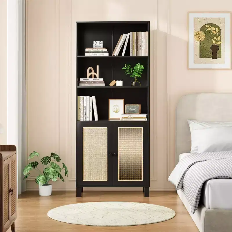 5 Shelf Bookshelf with Rattan Doors White Tall Bookcase Display Shelves for Home Office Bedroom