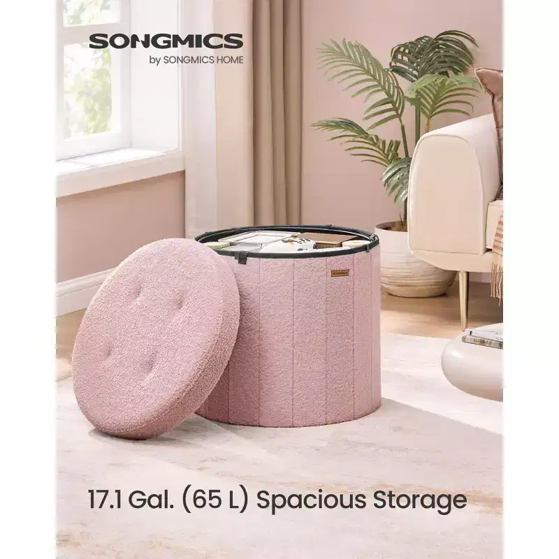 Round Storage Ottoman with Removable Lid, 18.1 Inch Folding Footrest Stool, Vanity Stool Easy Assembly