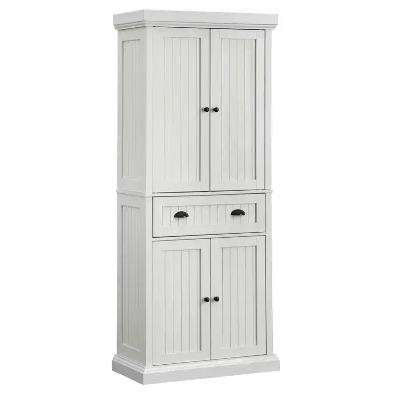Tall White Kitchen Cabinet with Adjustable Shelves for Pantry Storage