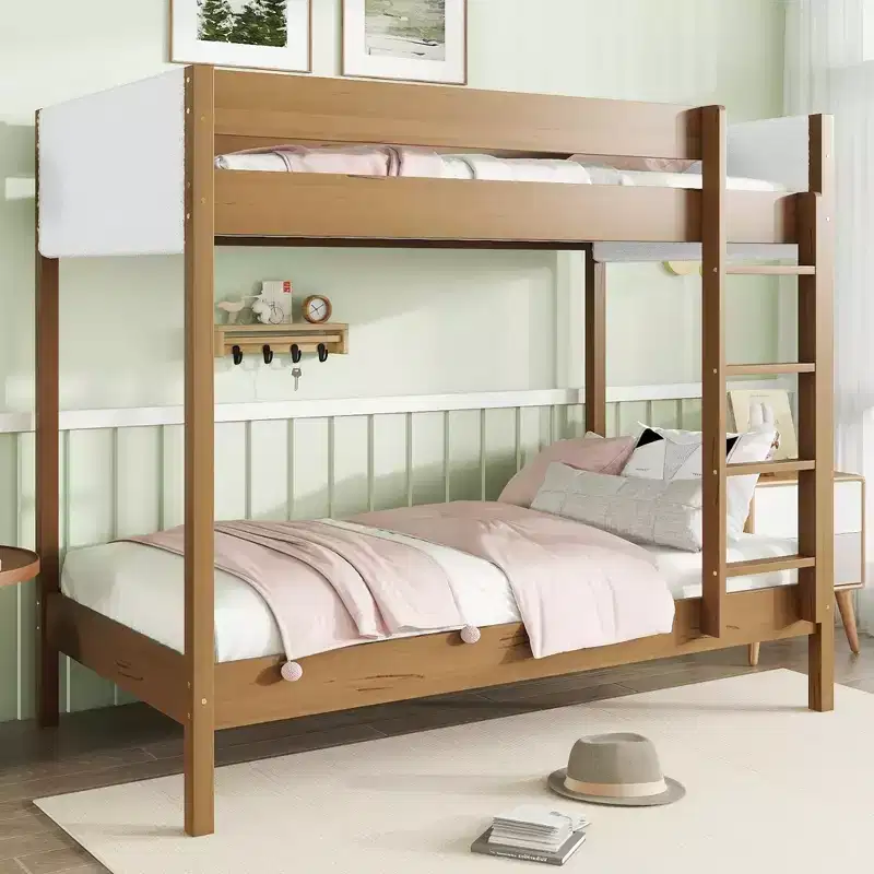 Bunk Bed Twin Over Twin with Upholstered Headboard and Footboard for Kids Teens, Wooden Bunk Bed Frame with Ladder and Guardrails, Natural