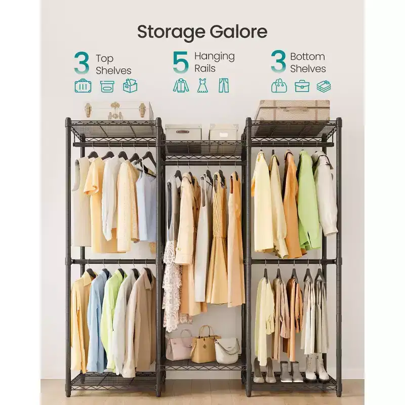 SONGMICS Garment Rack, Heavy-Duty Clothes Rack, Portable Closet Rack, 56.9-Inch Wide Clothing Rack with Adjustable Mesh Shelves, Ink Black