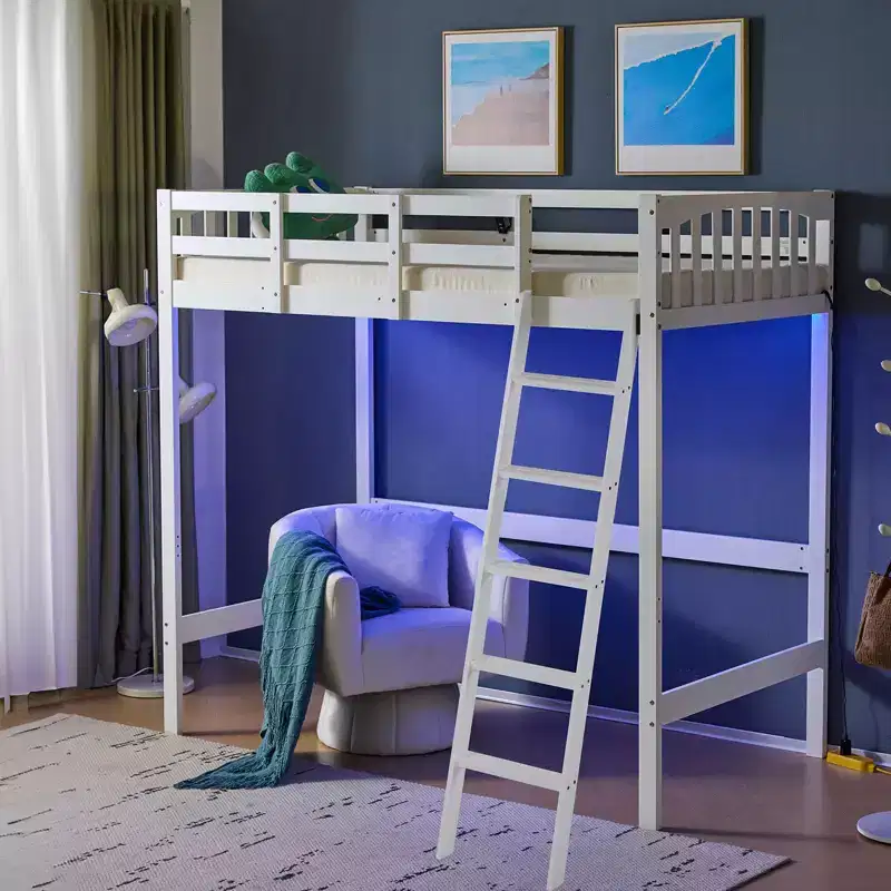 VINGLI Full Wood Loft Bed with USB Charging Station/LED, Solid Wood Bed with Flat Rungs, 15 inches High Guardrail, No Box Spring Needed, White